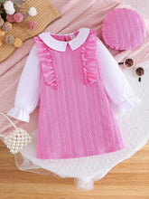 Young Girl Chic Long Sleeve Peter Pan Collar Ruffled Hem Princess Dress + Matching Beret, Spring/Autumn
